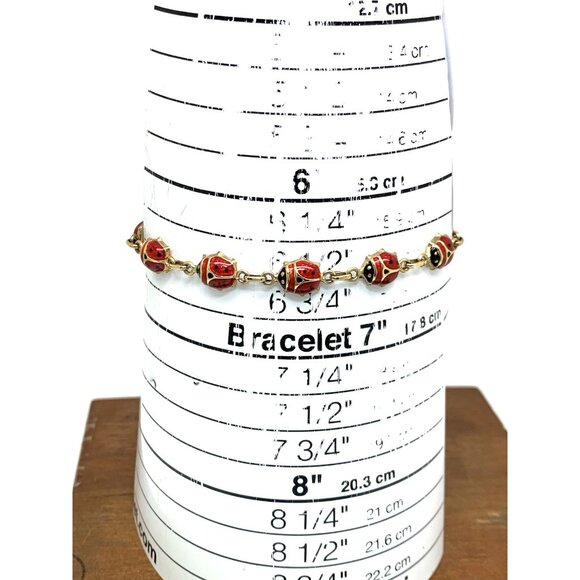 Red Lady Bug Bracelet 14k Yellow Gold Chain Women's 6.5'' Wrist Estate Jewelry - Picture 3 of 13